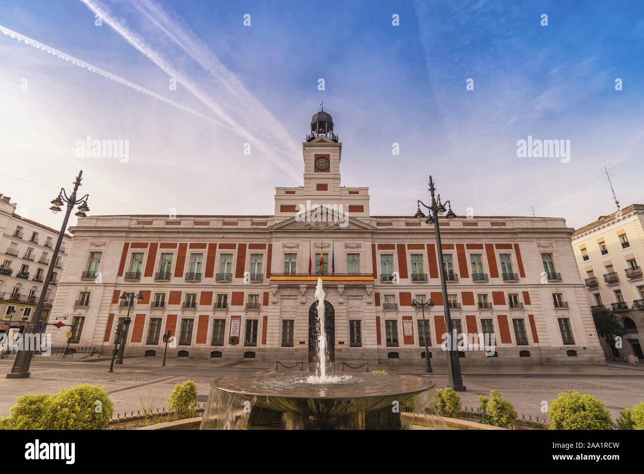 Madrid Spain, city skyline at Puerta del Sol and Clock Tower of Sun Gate Stock Photo
