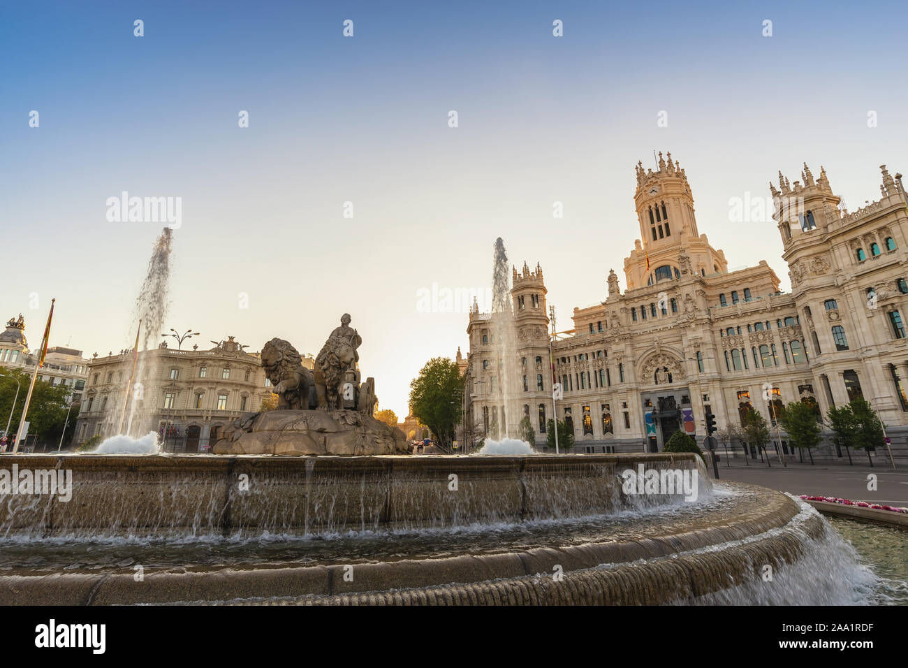 Madrid Spain, sunrise city skyline at Cibeles Fountain Town Square Stock Photo