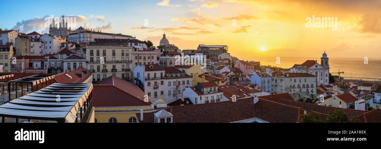Lisbon Portugal sunrise panorama city skyline at Lisbon Alfama district Stock Photo