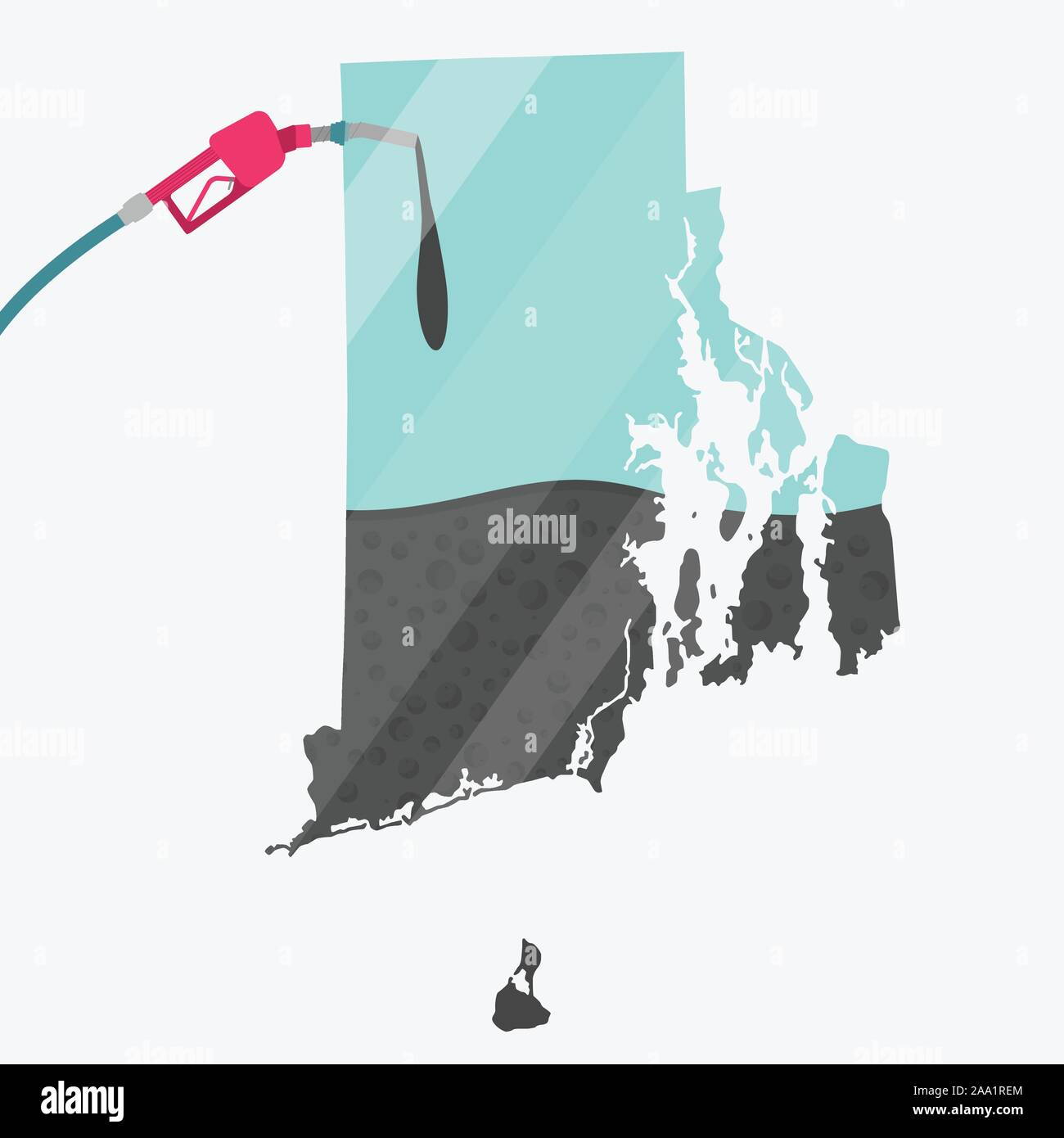 Map of Rhode Island, in USA, being fueled by oil. Gas pump fueled map. On the map there is glass reflection. American state. Conceptual. Oil producing Stock Vector