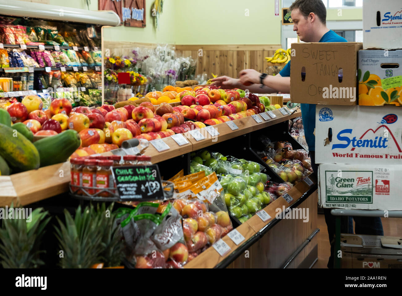 Male employee stocking fruit from boxes inside Trader Joe's market in Wichita, Kansas, USA. Stock Photo