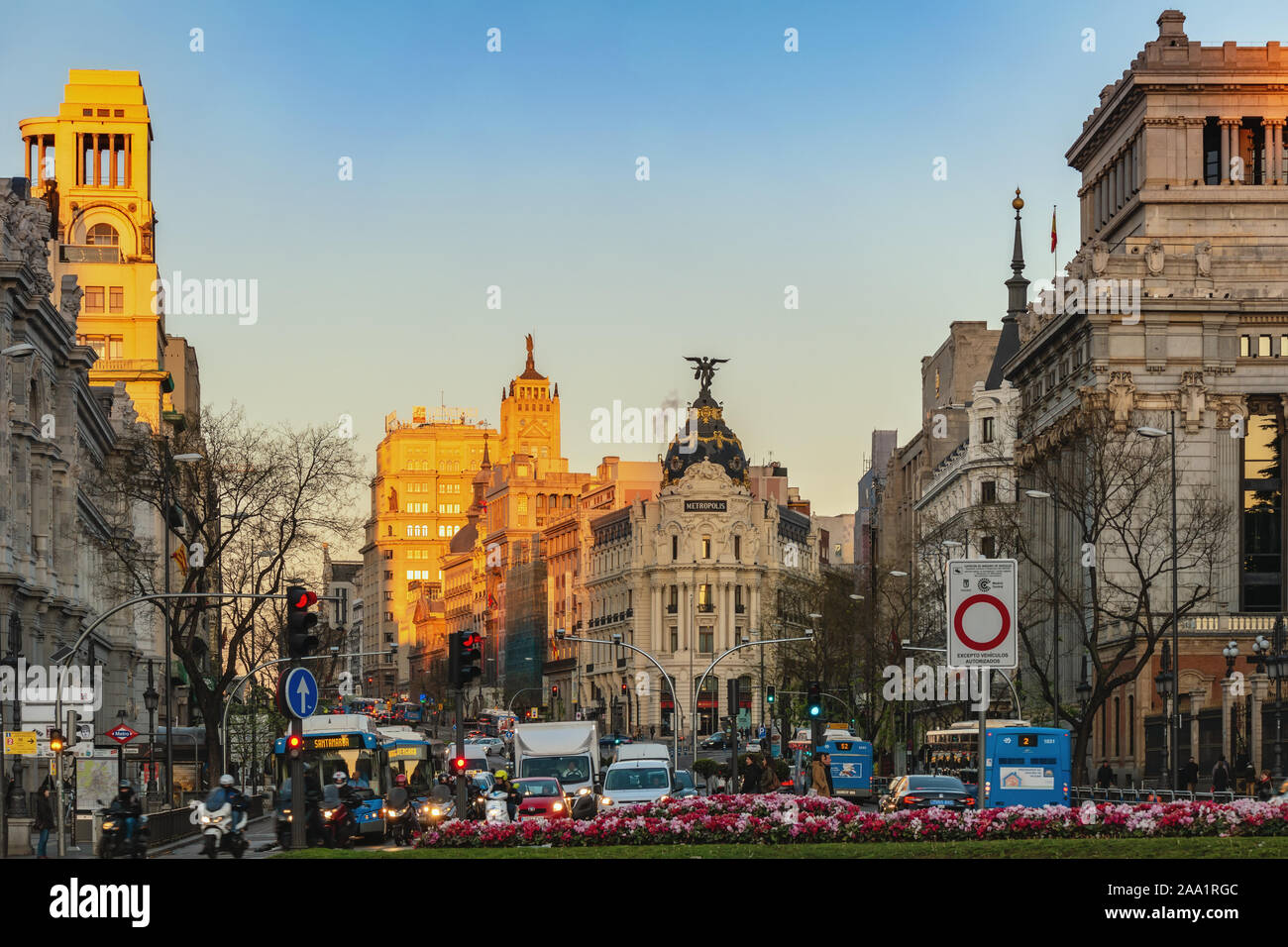 Madrid, Spain - April 12, 2019: Madrid Spain city skyline at famous Gran Via shopping street Stock Photo