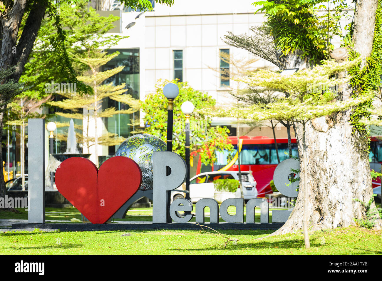 I love Penang sign in a public park in Georgetown, Penang, Malaysia. Penang is a Malaysian state located on the northwest coast of Peninsular Malaysia Stock Photo