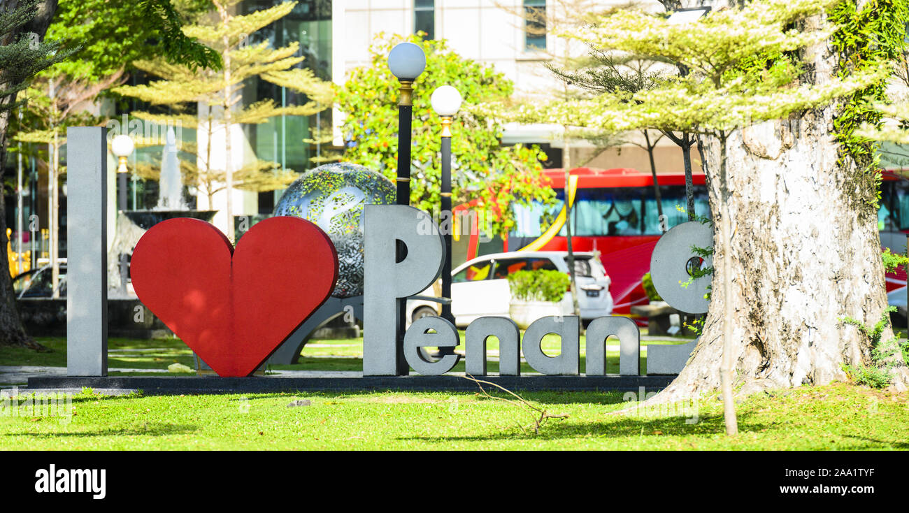 I love Penang sign in a public park in Georgetown, Penang, Malaysia. Penang is a Malaysian state located on the northwest coast of Peninsular Malaysia Stock Photo