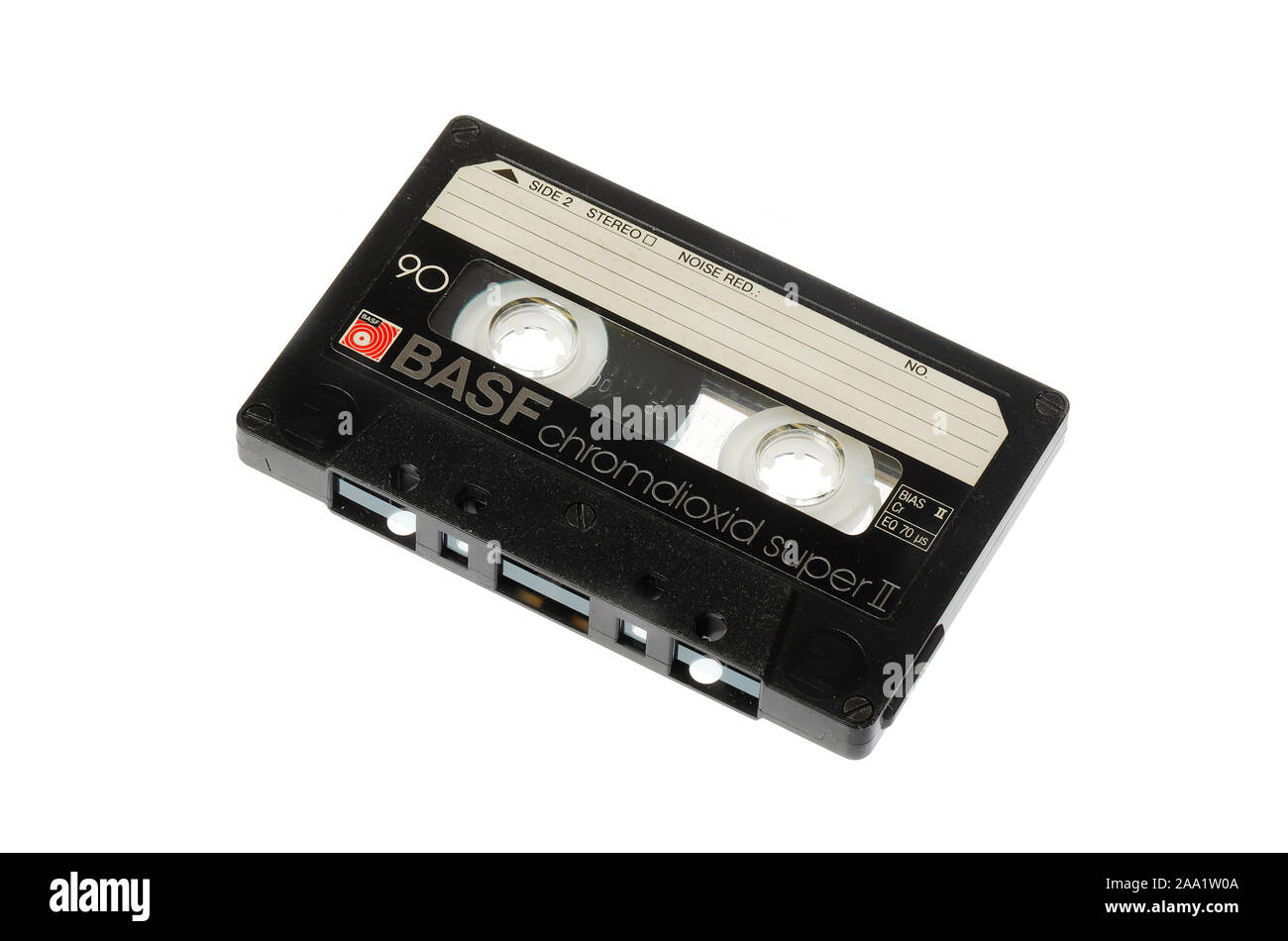 Stockholm, Sweden - November 11, 2019: One 1980s BASF chromdioxid super II audio compact cassette tape made in West Germany isolated on white backgrou Stock Photo
