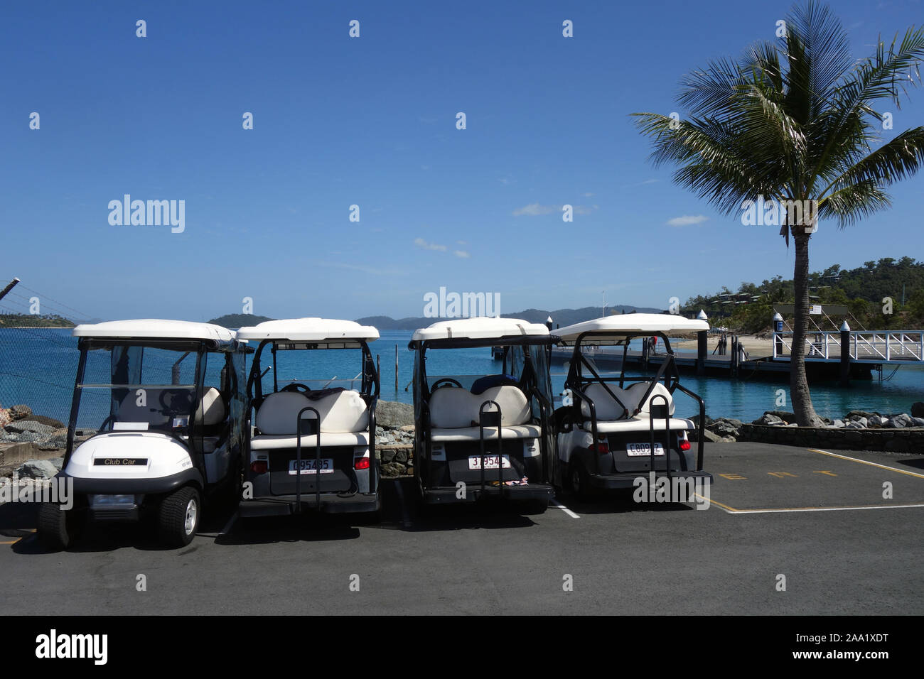 Golf buggies and palm trees at the Great Barrier Reef Airport, Hamilton Island, Whitsunday Islands, Queensland, Australia. No PR Stock Photo