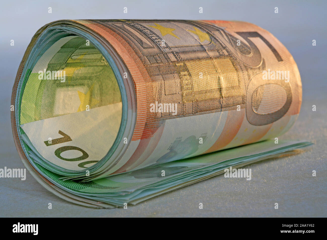 Zusammengerollte Euro Geldscheine / Rolled Euro bank notes Stock Photo