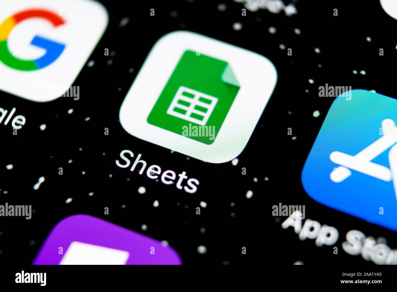 Sankt-Petersburg, Russia, February 3, 2019: Google Sheets icon on Apple iPhone X smartphone screen close-up. Google sheets icon. Social network. Socia Stock Photo