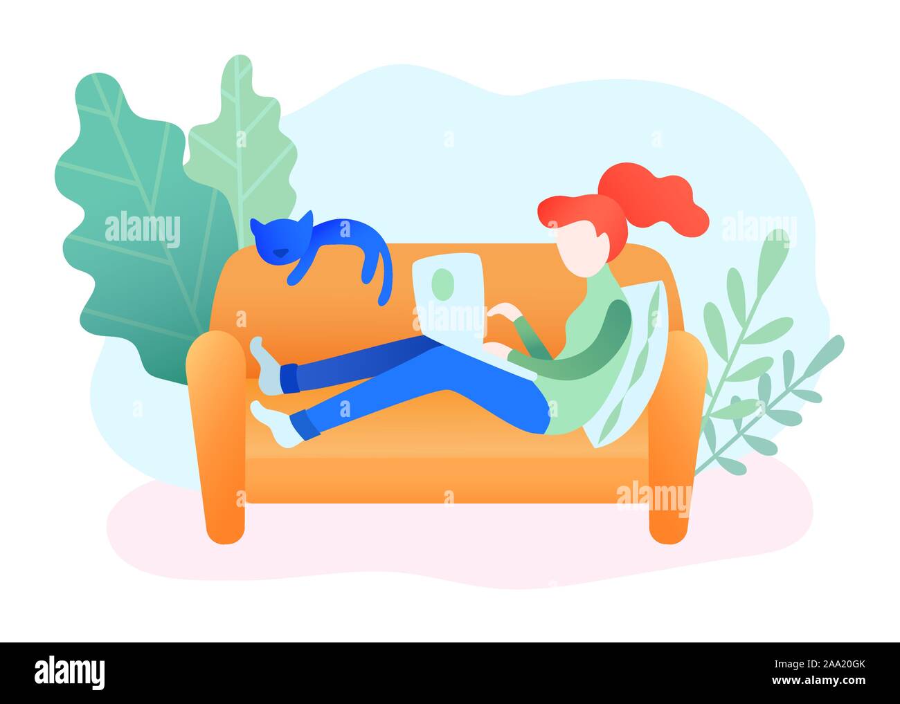 Young adult woman working at home vector concept illustration. Freelancer female character working from home with laptop sitting in cozy sofa. Home of Stock Vector