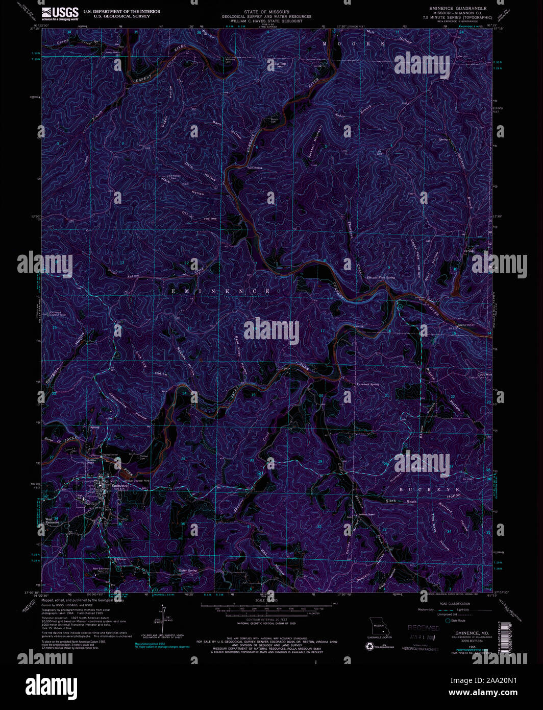 Topographical Map of Eminence, Missouri