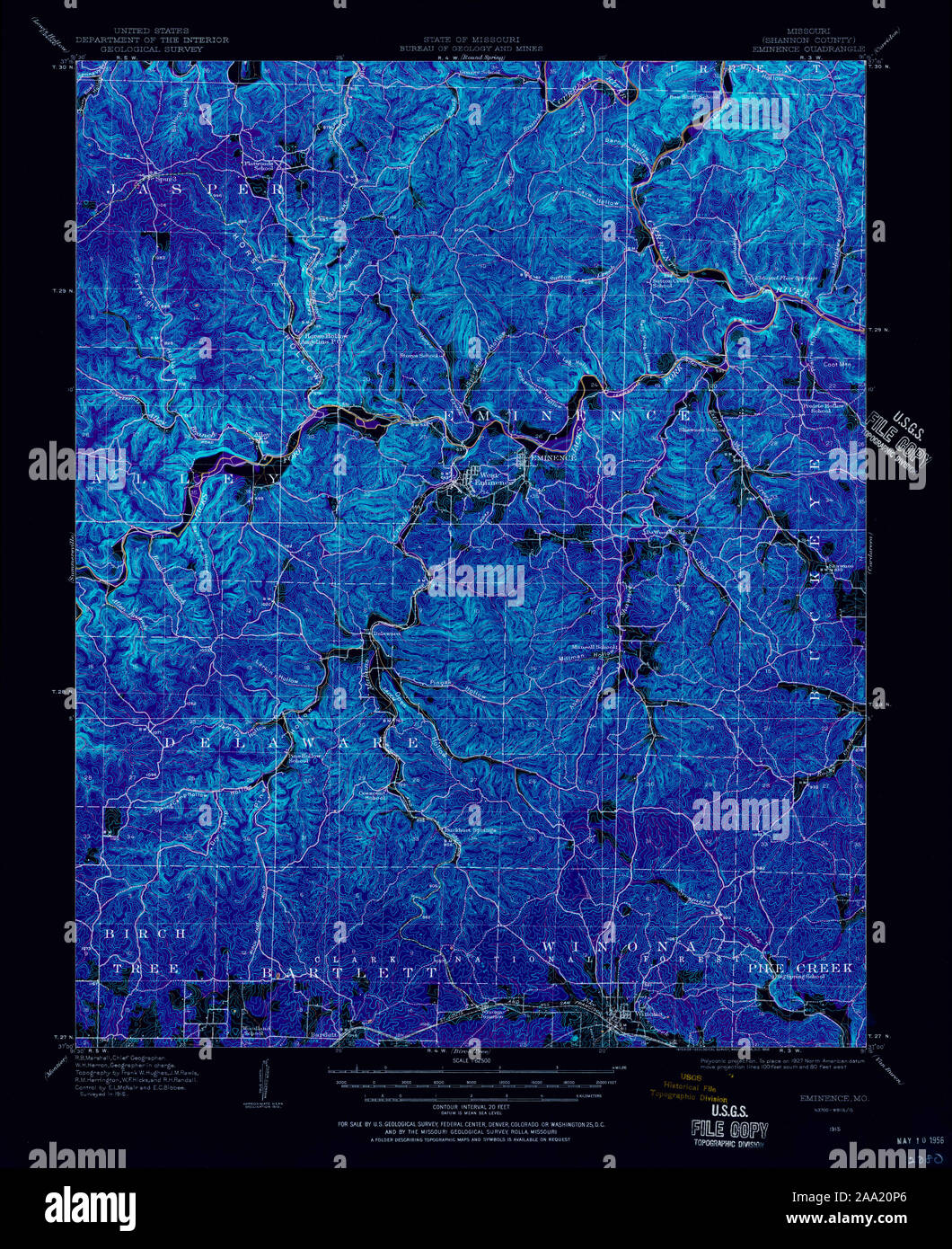 USGS TOPO Map Missouri MO Eminence 324873 1915 62500 Inverted Restoration Stock Photo