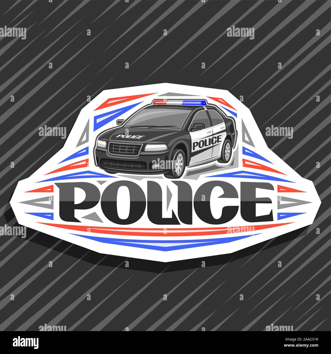 Vector logo for Police Car, white decorative sign with illustration of modern sedan of municipal road department, original lettering for word police, Stock Vector