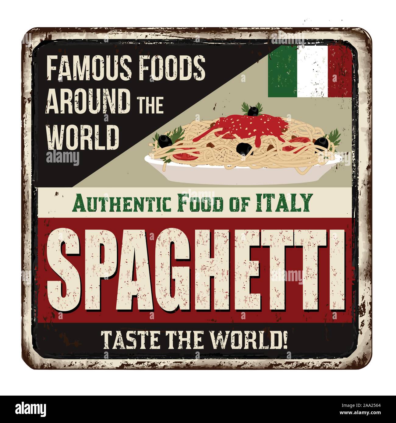Famous foods around the world. Spaghetti vintage rusty metal sign on a