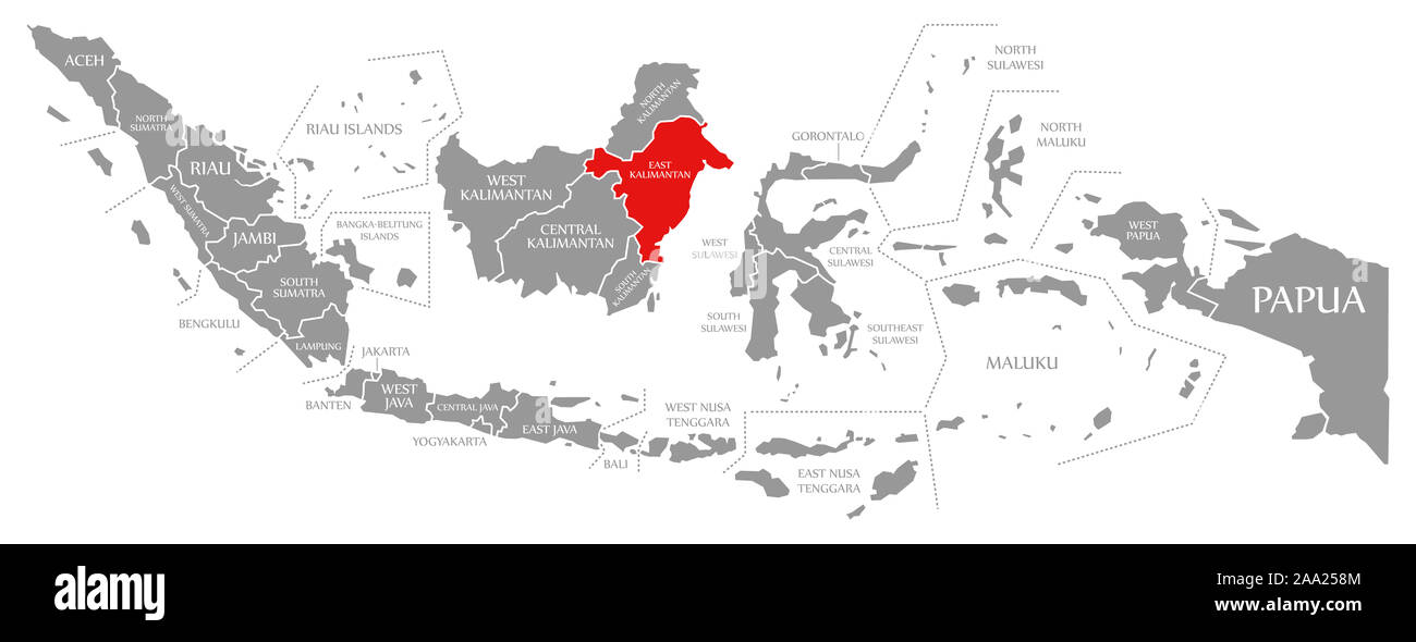 East Kalimantan red highlighted in map of Indonesia Stock Photo