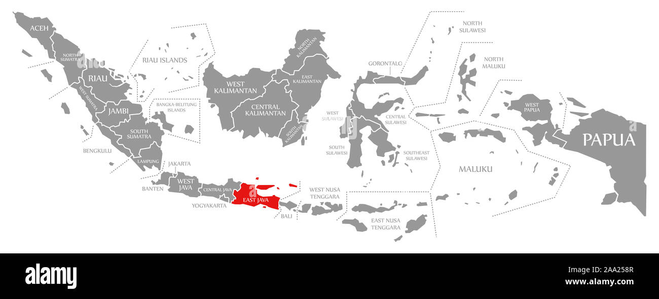 East Java Indonesia Map East Java Red Highlighted In Map Of Indonesia Stock Photo - Alamy