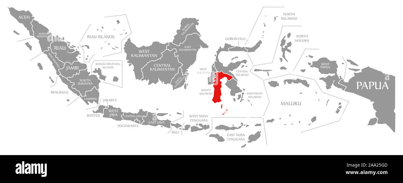 South Sulawesi red highlighted in map of Indonesia Stock Photo
