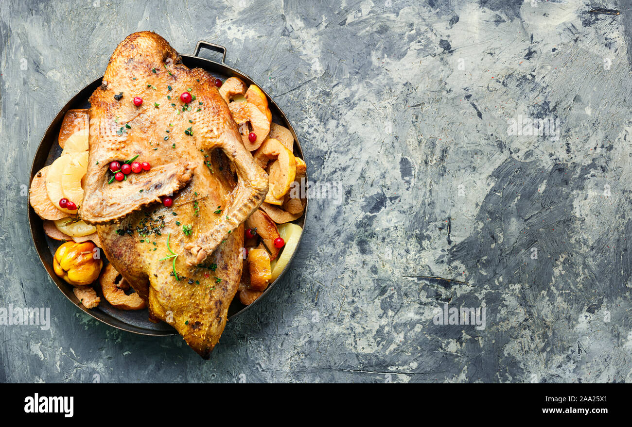 Roasted whole duck with pineapple and quince Stock Photo Alamy