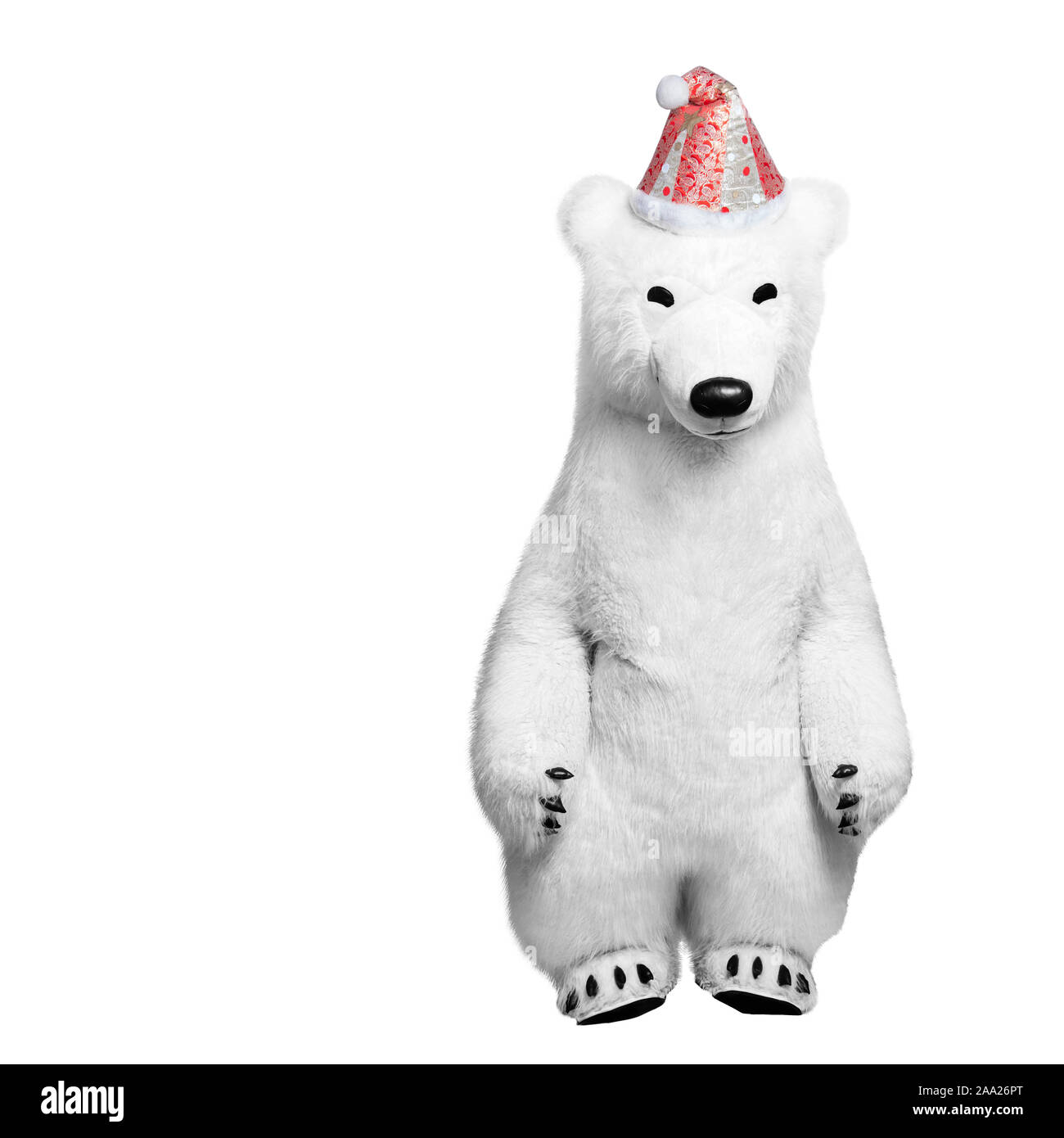 Toy polar bear doll in a red cap on an isolated white background. Stock Photo