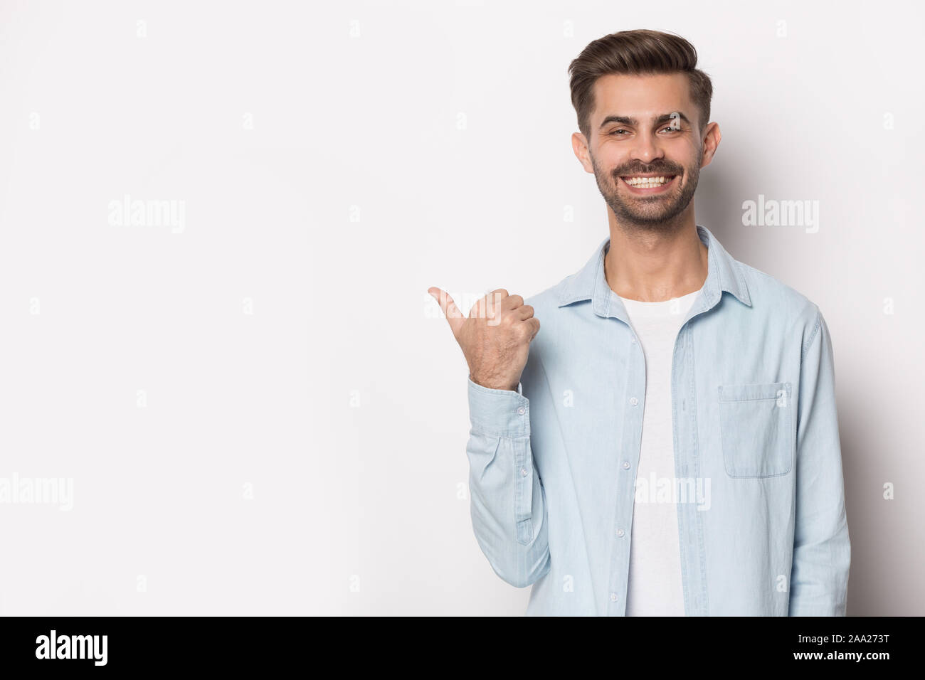 Close up portrait with smiling handsome bearded man. Stock Photo