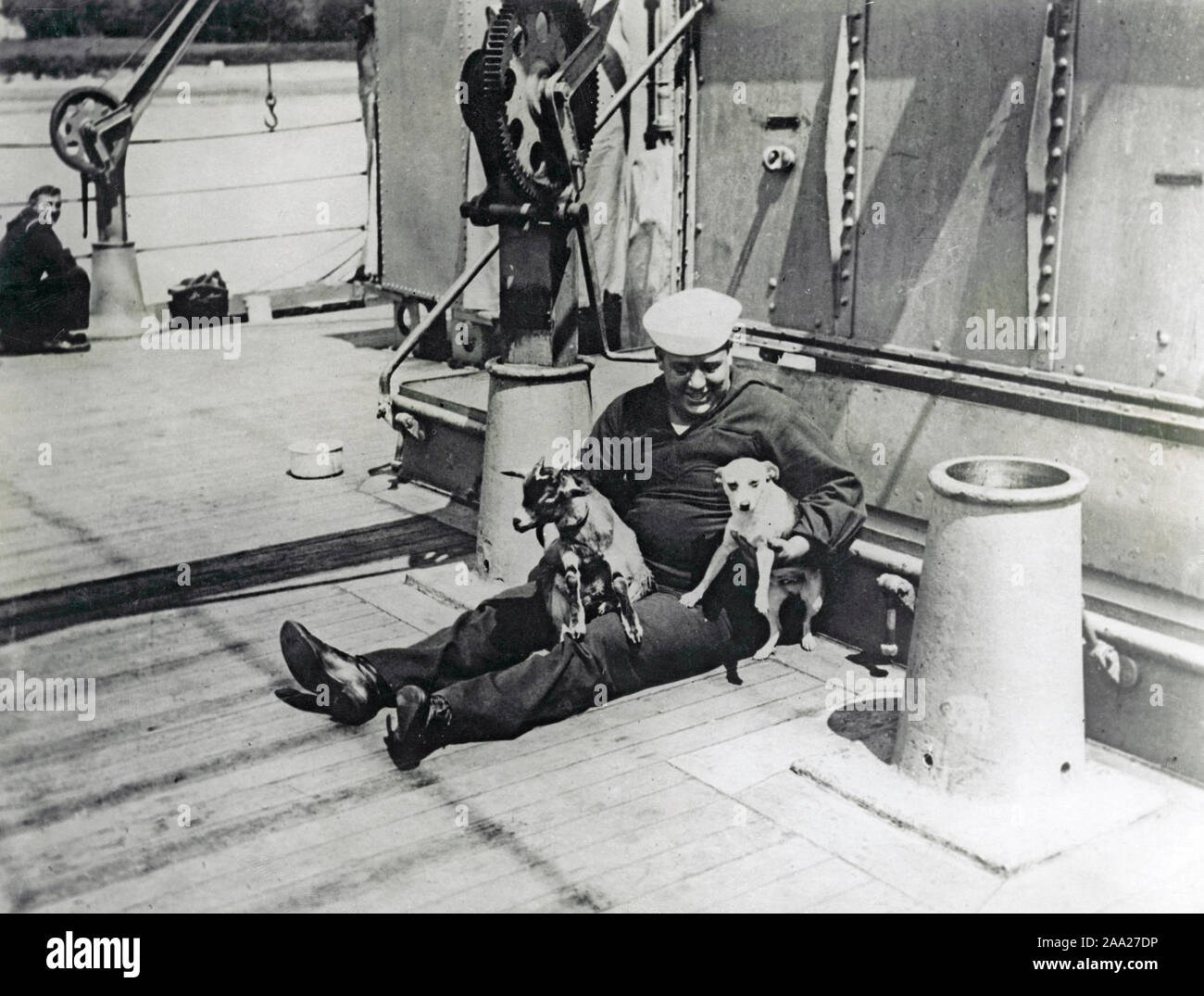 World war one. A dog and a goat are mascots on this american warship. A sailor is sitting on deck with the two animals who according to the caption, refuse to be friends. 1916 Stock Photo