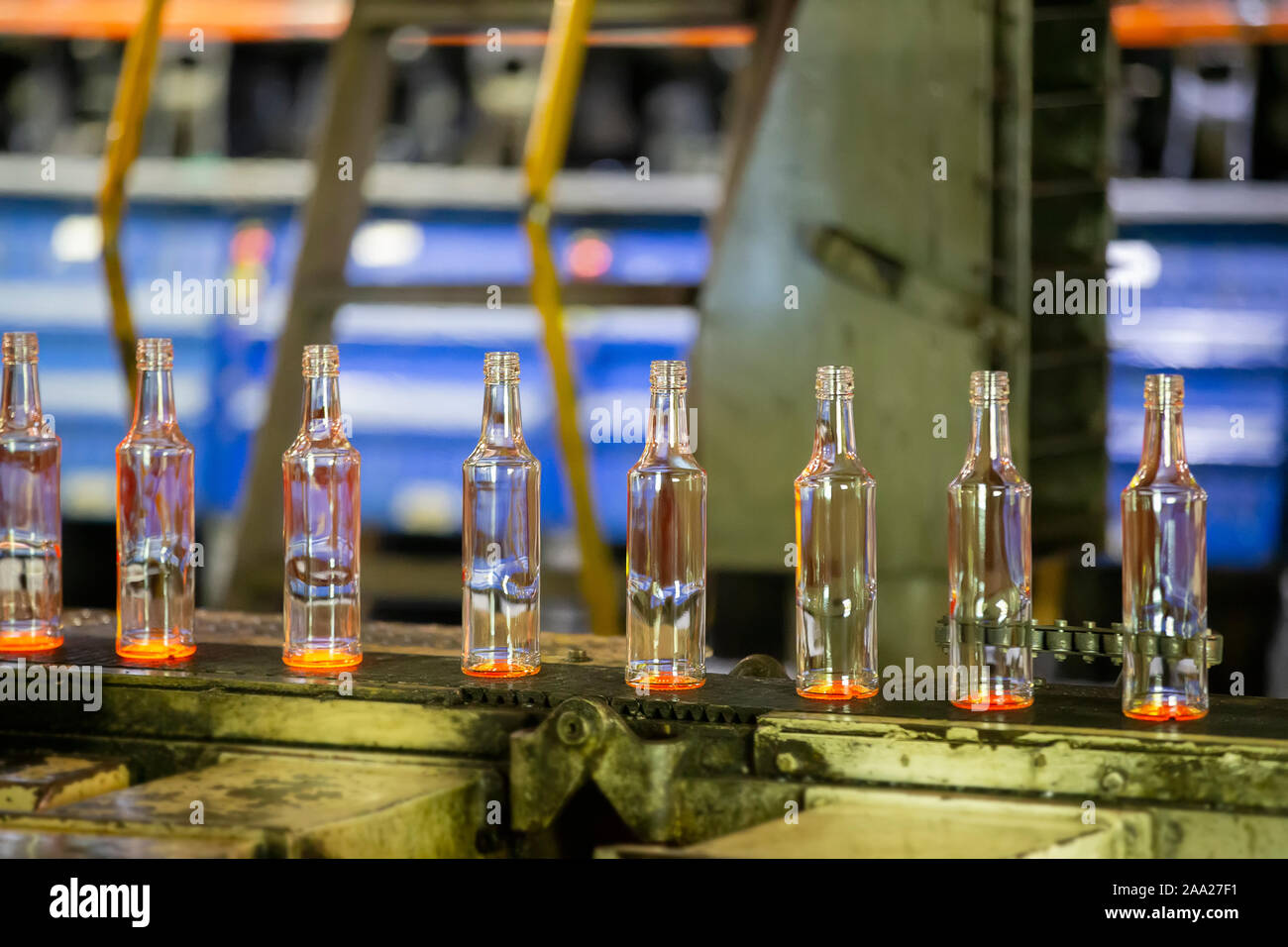 Glassworks glass industry the process of making glass bottles stock