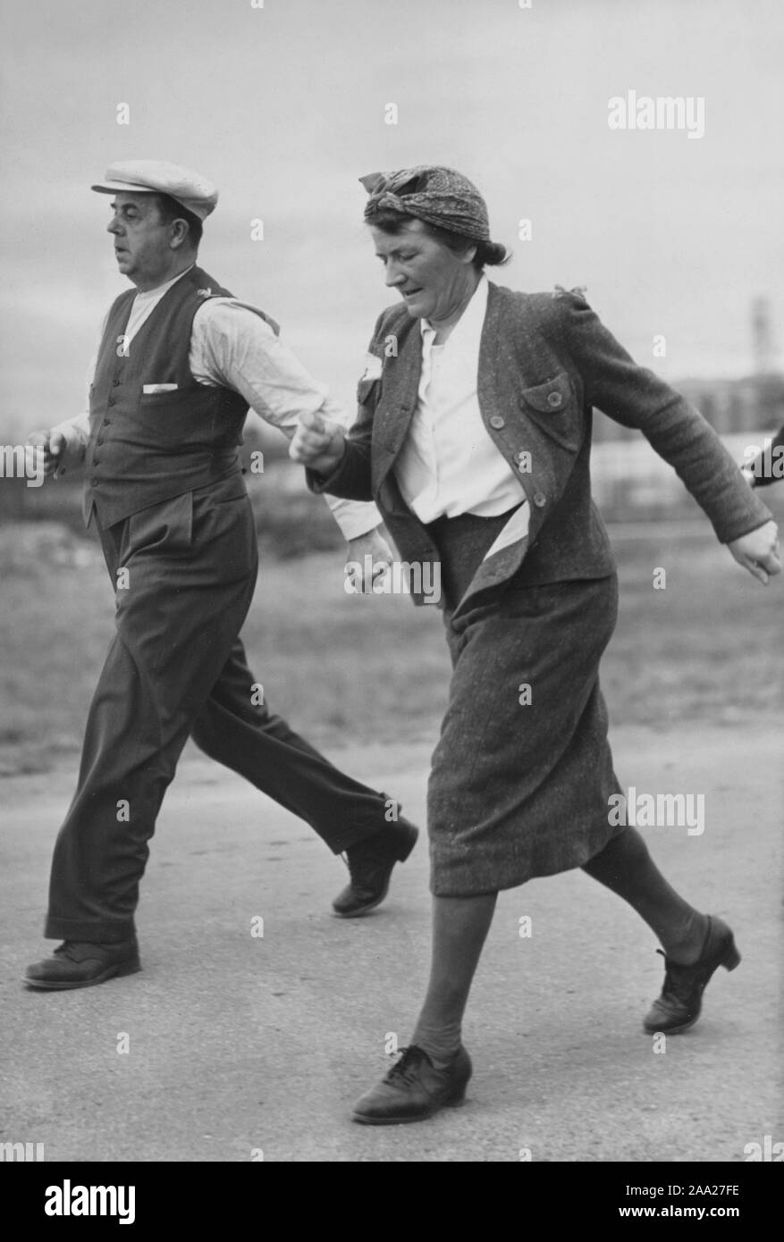 Keeping fit in the 1940s. Mrs. Hulda Skoglund is a swedish contestant in the competition between Sweden and Finland of the most people signing up and walking to promote physical activity. Finland won with 1,5 million people walking. Sweden 1941 Stock Photo