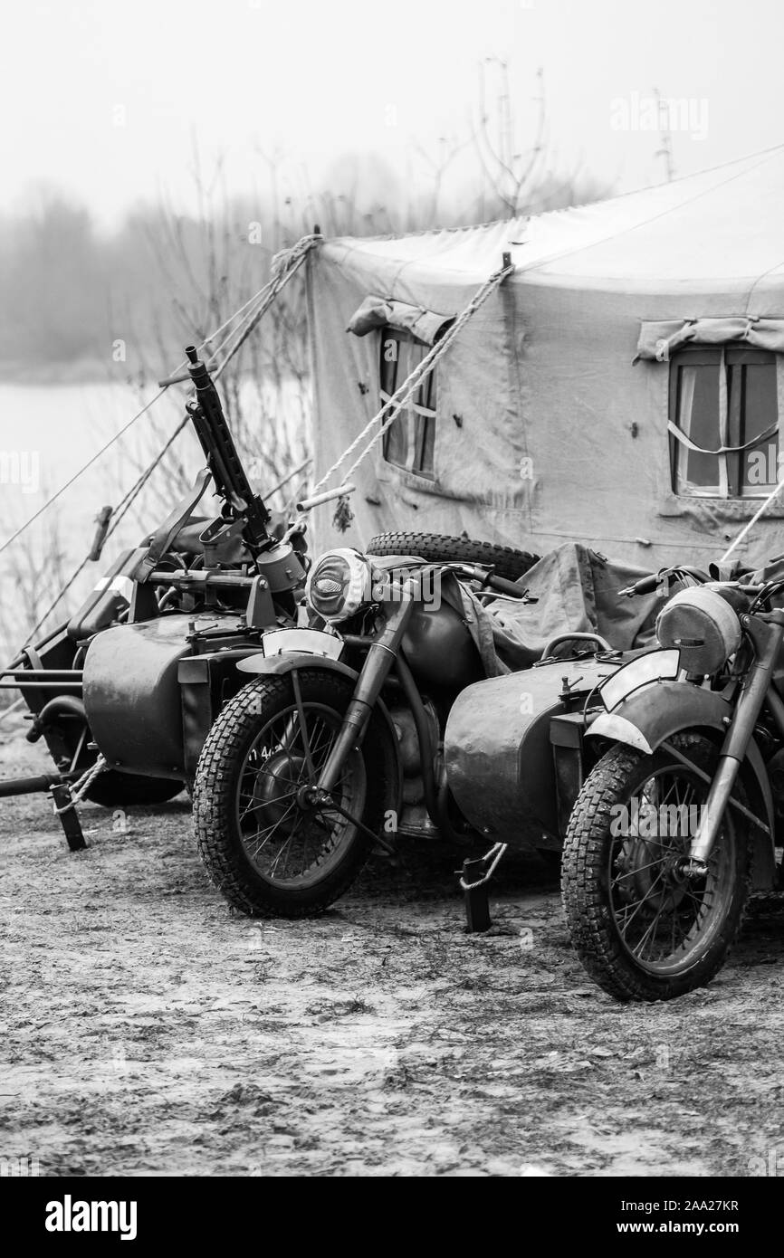 Old Wehrmacht equipment at a military tent. Black and white shot Stock Photo