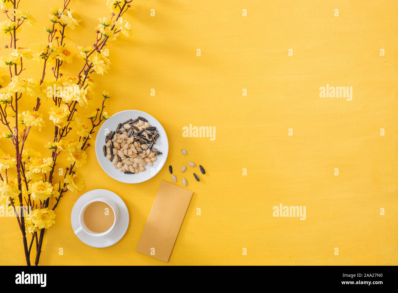 Chinese New Year Decoration On A Yellow Gold Background Stock Photo Alamy