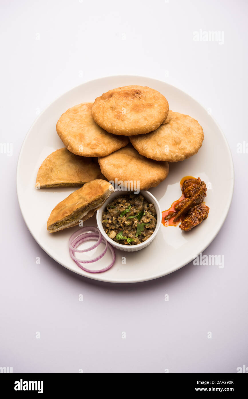 Fried Sattu Litti chokha served with Baingan Bharta, onion and pickle