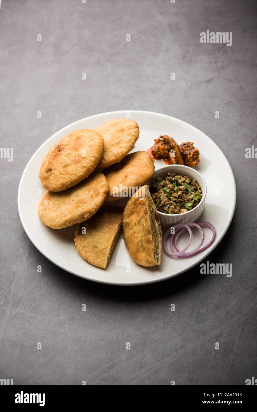 Fried Sattu Litti chokha served with Baingan Bharta, onion and pickle