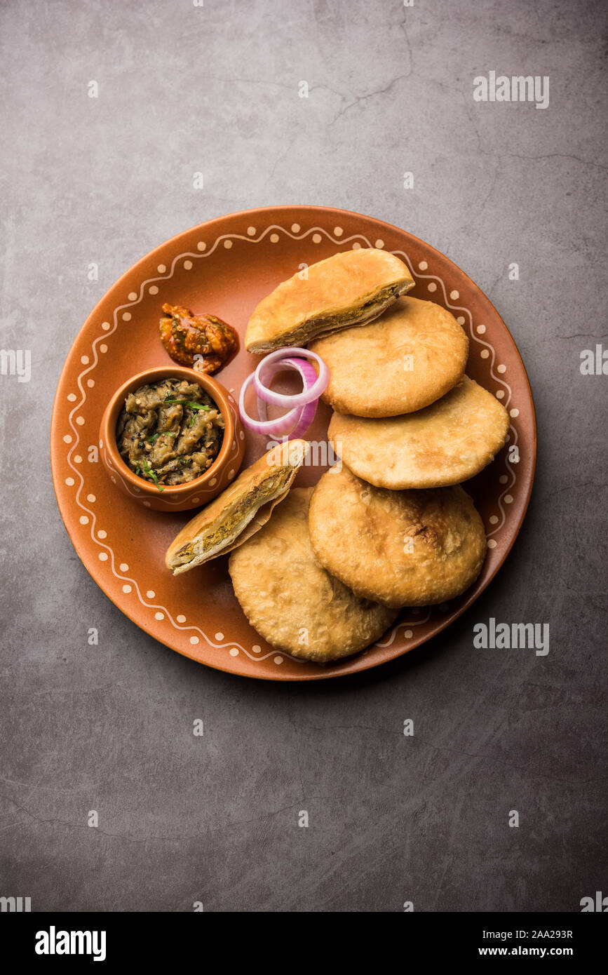 Fried Sattu Litti chokha served with Baingan Bharta, onion and pickle