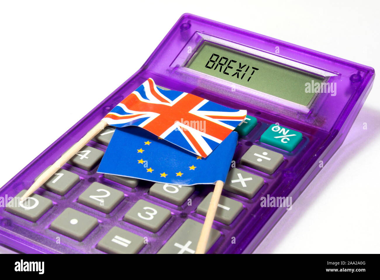 Flags of the EU and the UK, calculator and Brexit Stock Photo