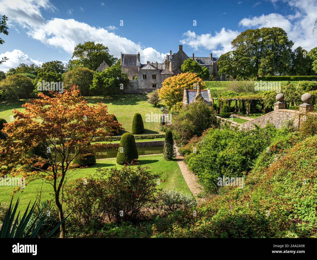 Mapperton House and Gardens, Dorset, England, UK. Picturesque location for 2015 film of Thomas Hardy’s novel, Far from the Madding Crowd. Stock Photo