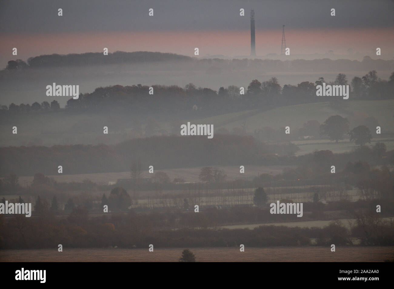 A cold and foggy morning over Burton Dassett Hills Country Park in Warwickshire. Stock Photo