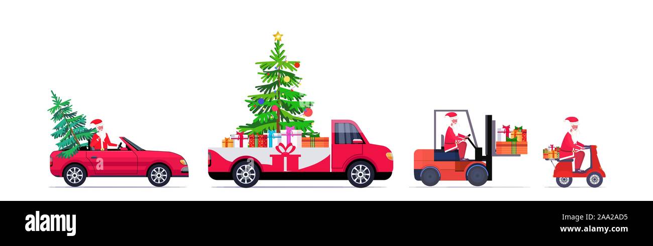 set santa claus driving red pickup car forklift and scooter with fir ...