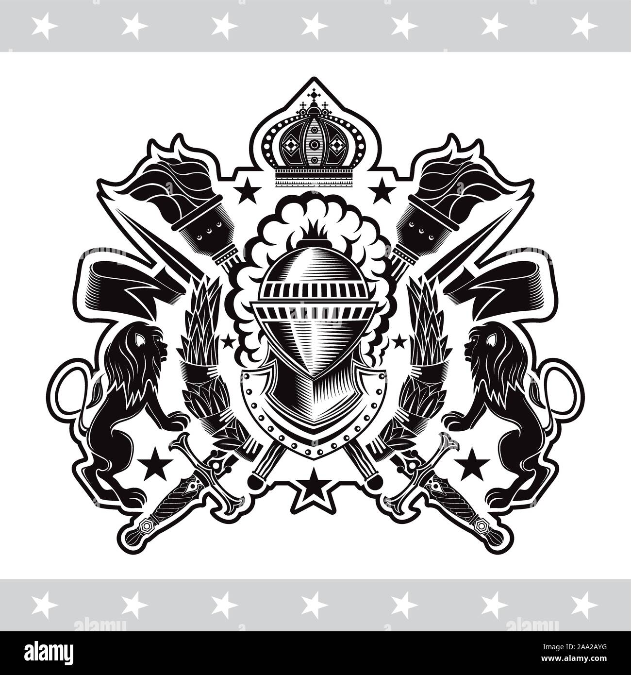 Knight helmet front view in center of wreath with crossed swords and torches. Heraldic vintage label on white Stock Vector