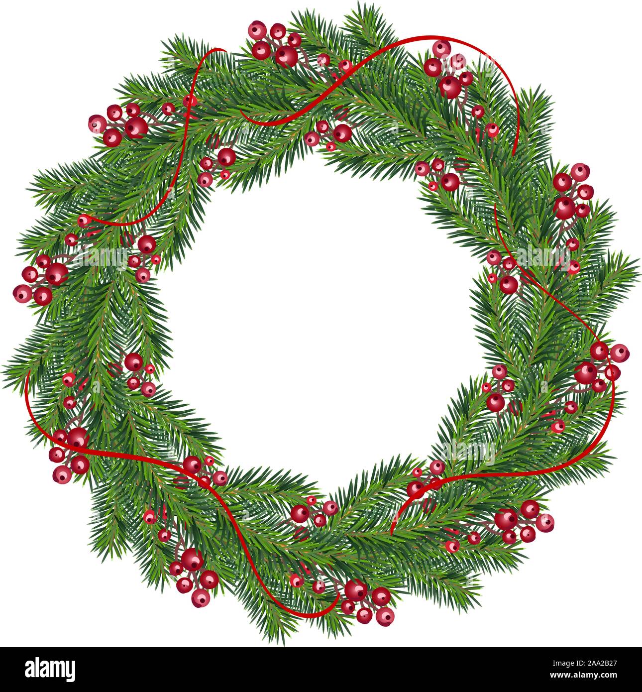 Realistic Christmas vector wreath with red berries on evergreen