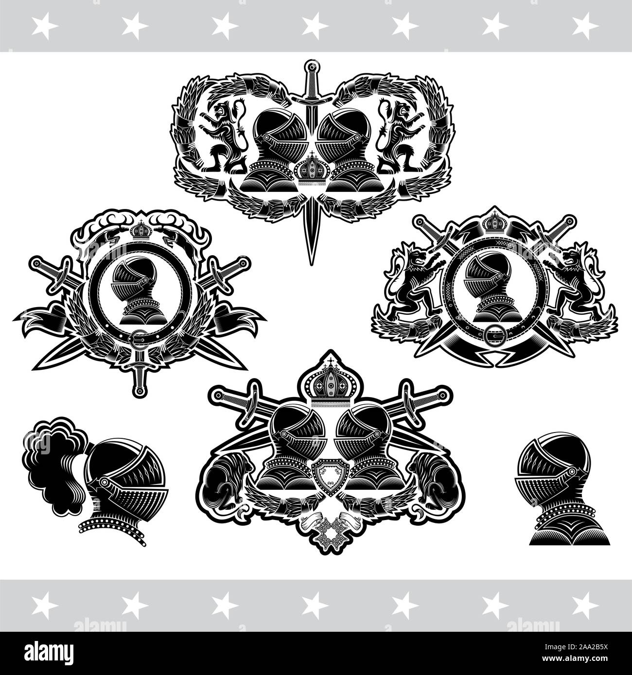 Set of heraldic vintage label on white with knight helmets, swords, lions and laurel wreath. Stock Vector