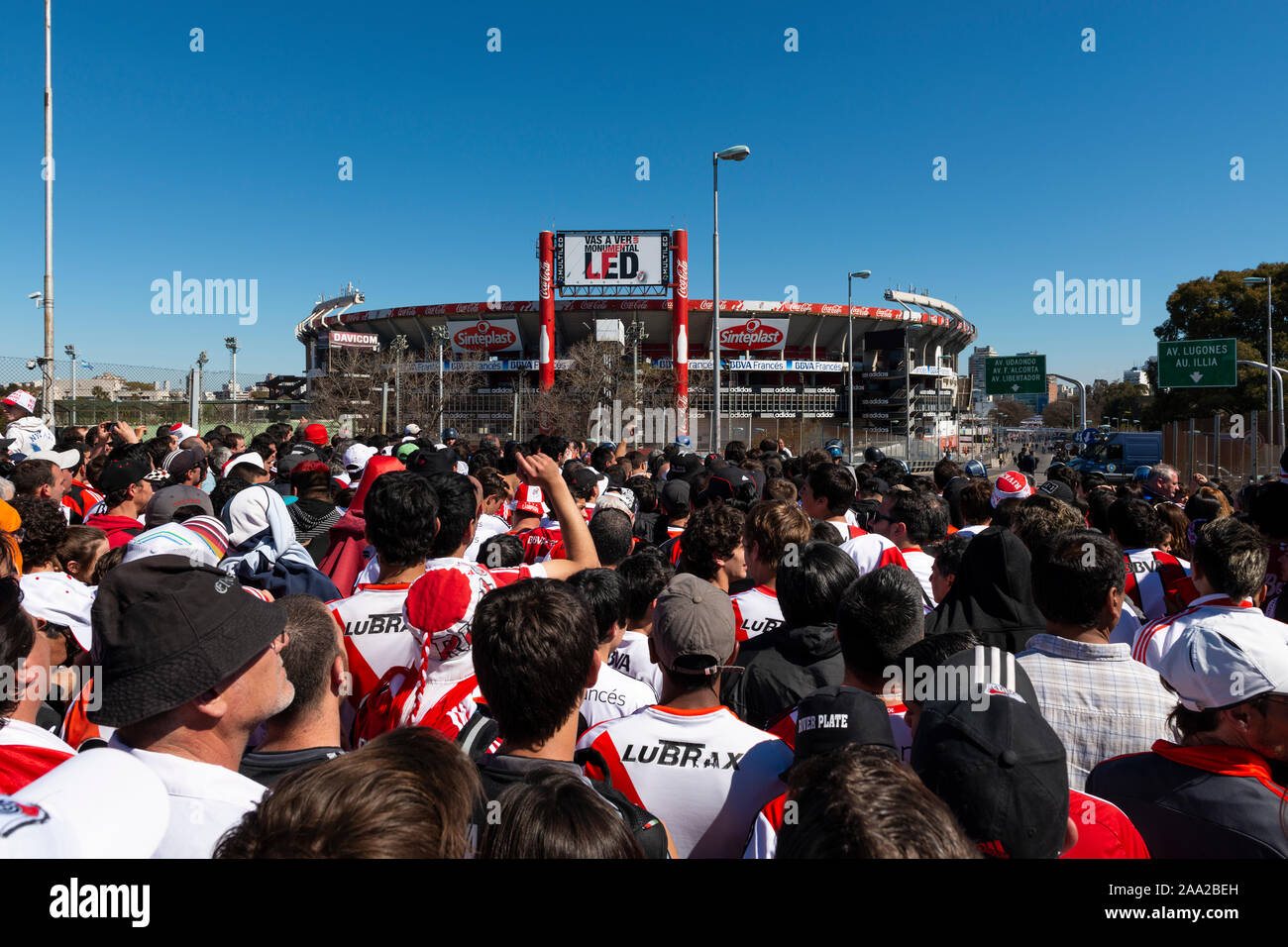 Buenos Aires, Argentina - October 6, 2013: River Plate supporters wait to enter the Estadio Monumental Antonio Vespucio Liberti for a soccer game in t Stock Photo