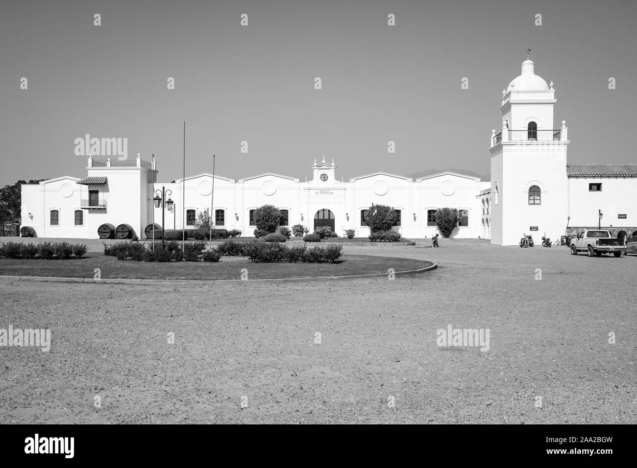 Bodega El Esteco (Winery Estate) main building in Cafayate, Argentina in classic black and white Stock Photo
