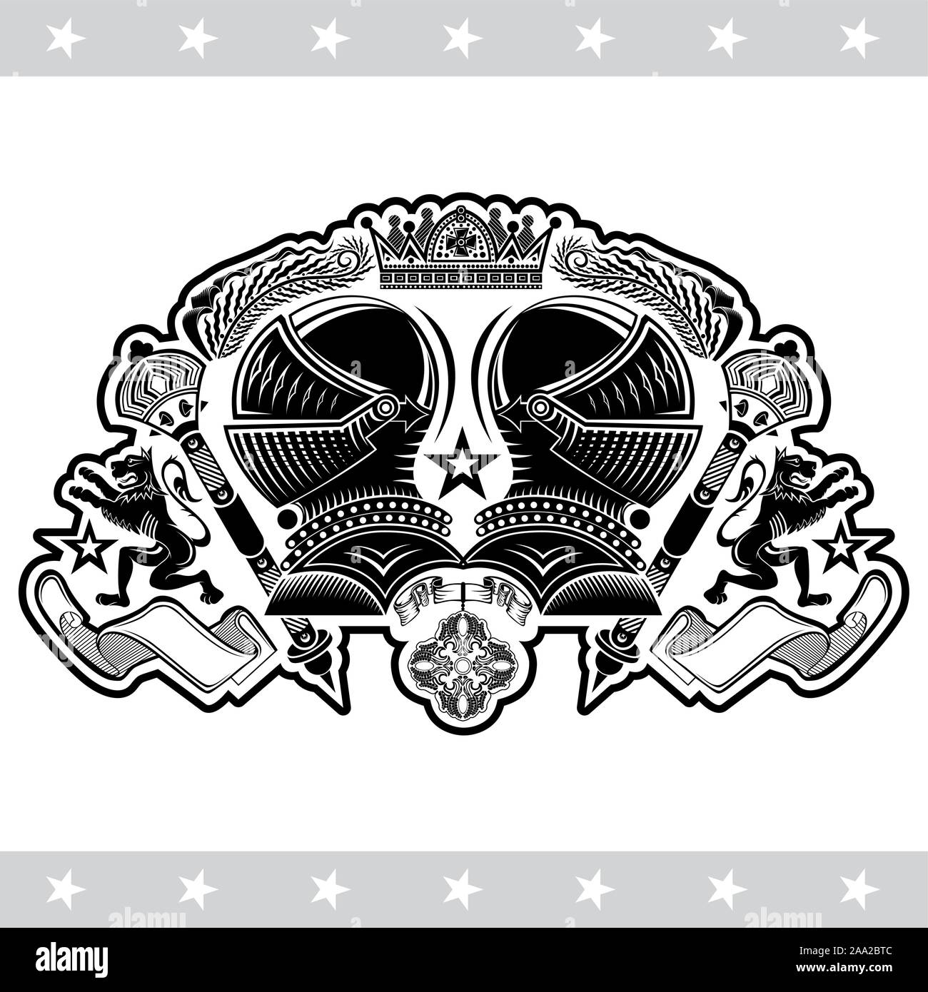 Two knight helmets with maces ribbons and lions. Heraldic vintage label on white Stock Vector