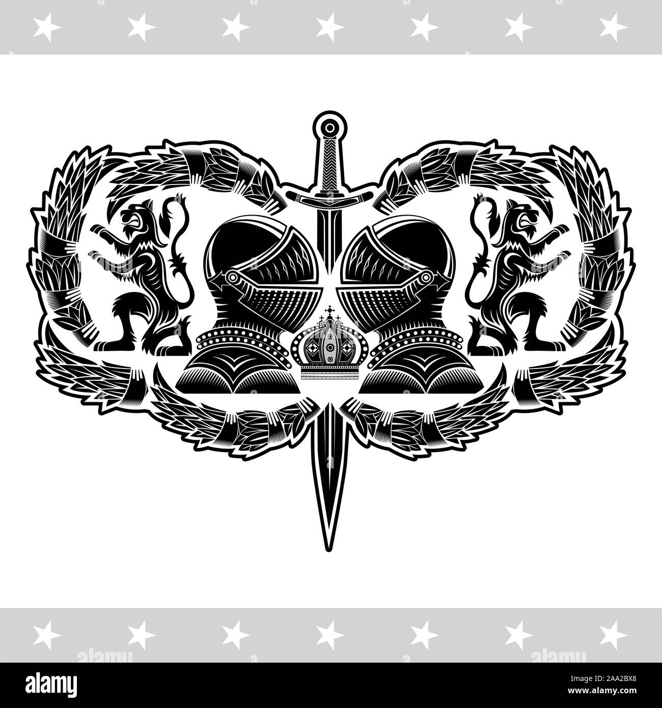 Two knight helmets in center with sword between lions and laurel wreath. Heraldic vintage label on white Stock Vector