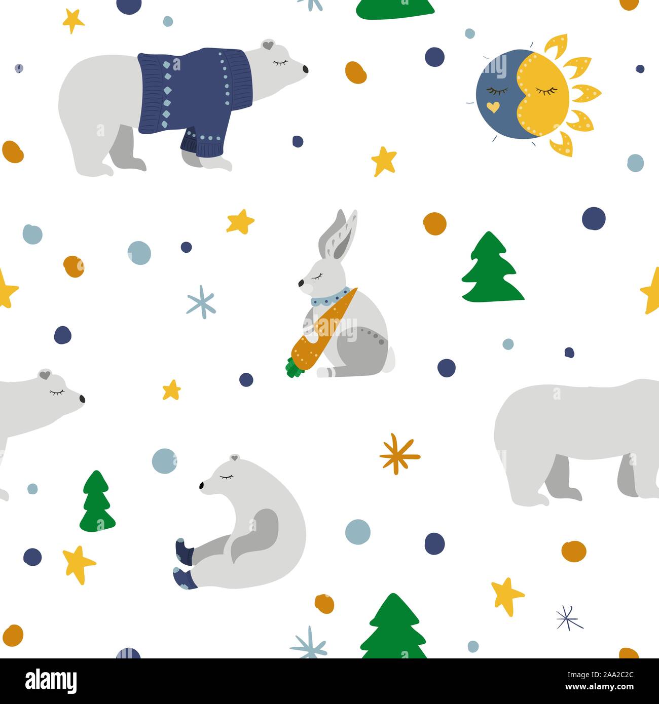 Winter forest. White polar bear, hare. Fir tree, moon and sun. Vector illustration. Seamless pattern background. Stock Vector