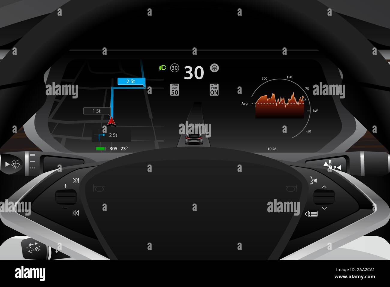 Electric car dashboard display closeup. Speedometer, navigation