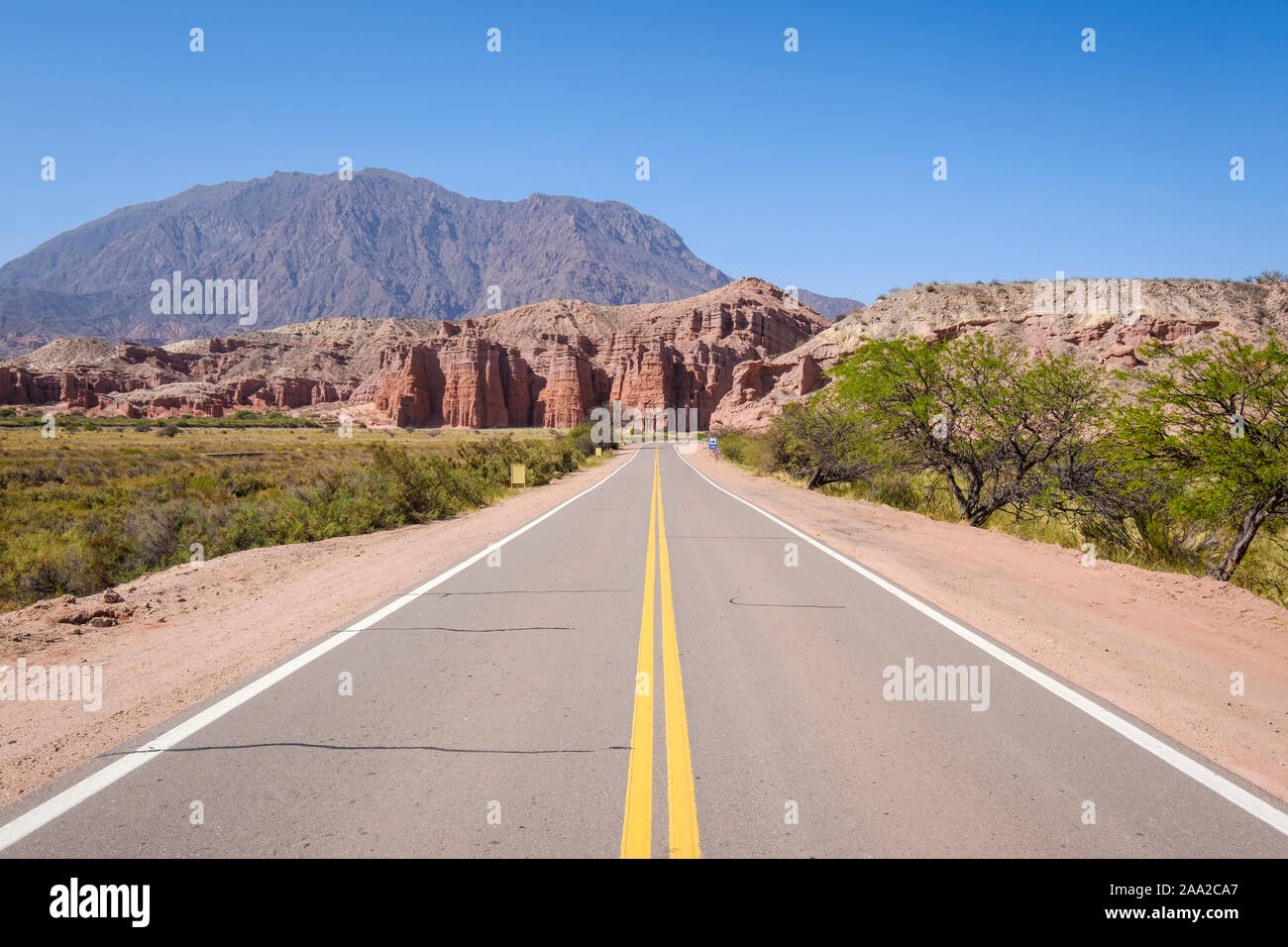 Geological formations called Los Castillos seen from the Route 68 at the Quebrada de las Conchas, Cafayate, Argentina Stock Photo