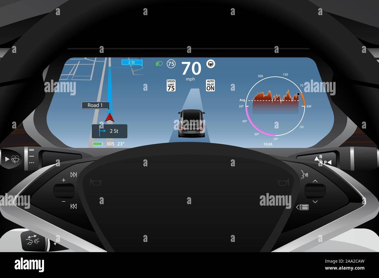 Electric car dashboard display closeup. Speedometer, navigation