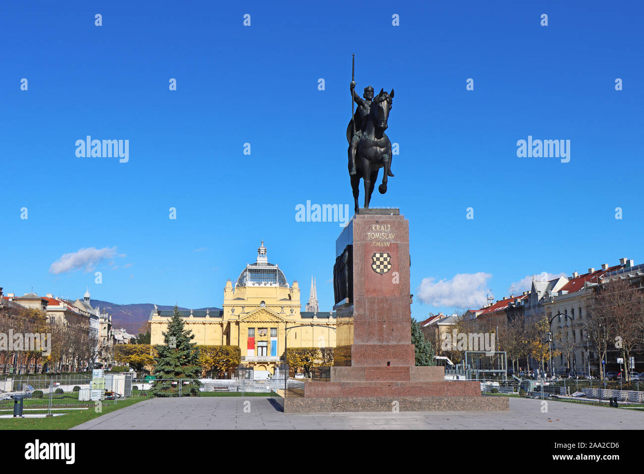 Monument of the Croatian King Tomislav and art pavilion in Zagreb Croatia Stock Photo