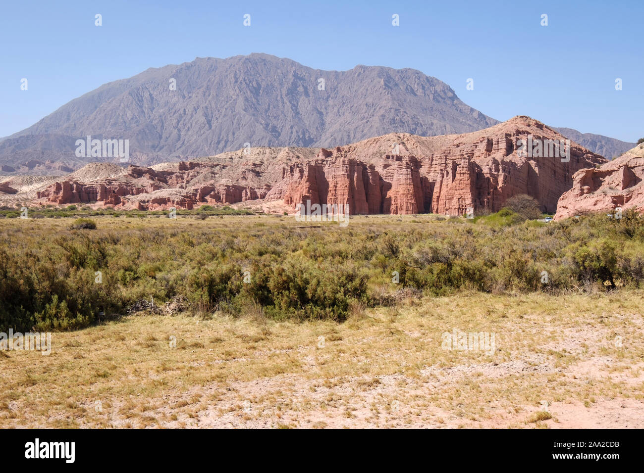 Scenic view of the geological formations called Los Castillos at the Quebrada de las Conchas, Cafayate, Argentina Stock Photo
