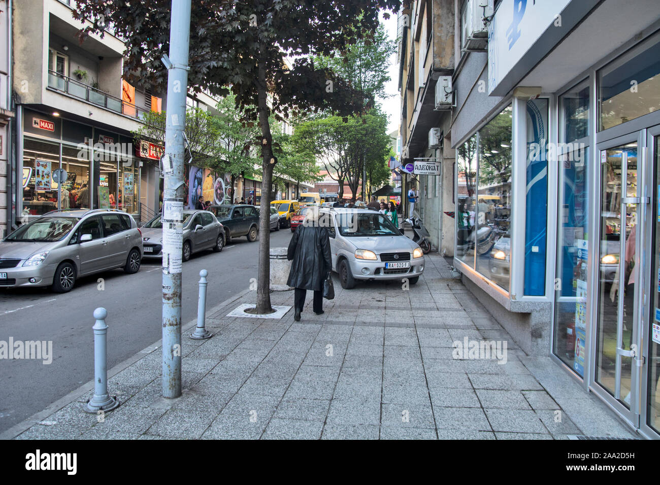Raska, Serbia, May 03, 2019. One of the main downtown's main streets, shops and walkers. Stock Photo
