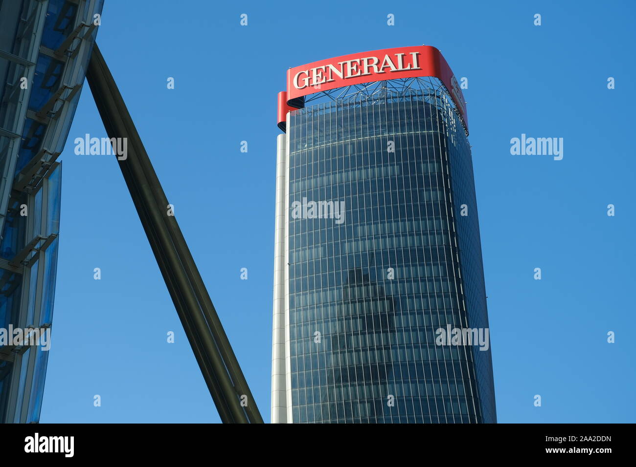 Milan Citylife, Lombardia, Italy. About 10/2019. Assicurazioni Generali  tower with sign logo. Three towers. Milan. CityLife includes three  skyscrapers Stock Photo - Alamy